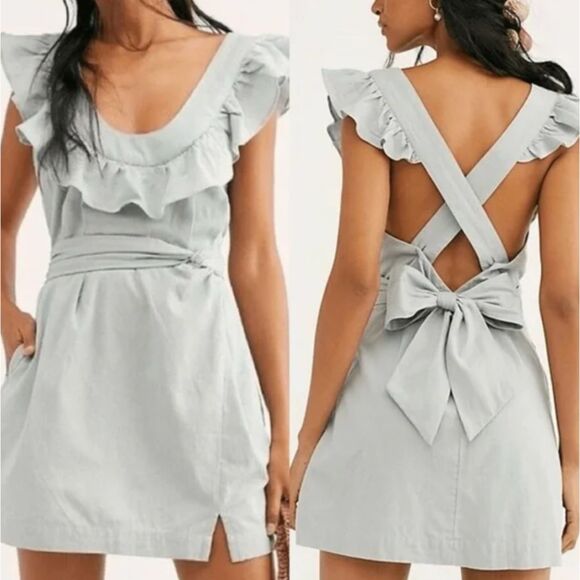 Free People Lara Ruffle Bib Seafoam Green Mini Dress Gardening Spring - Picture 1 of 5